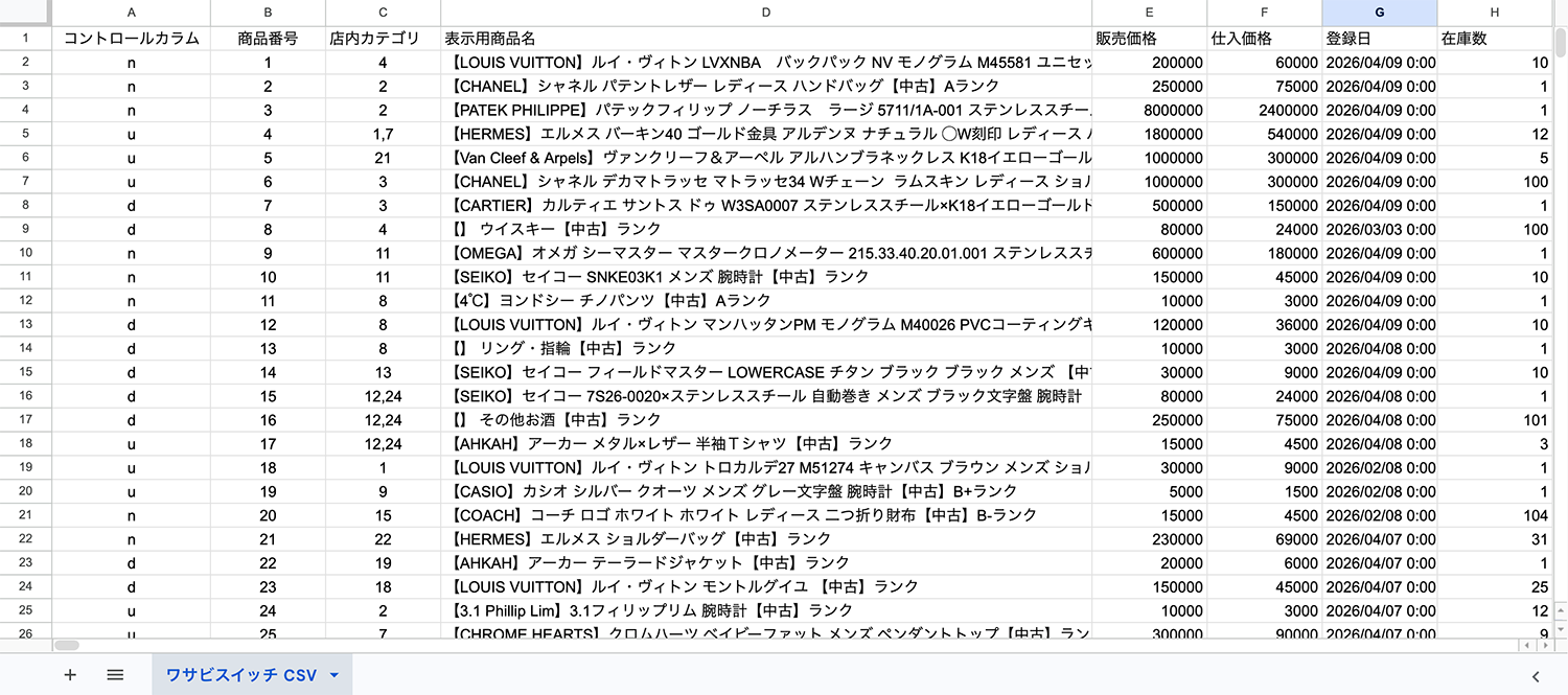 実際のCSV画面
