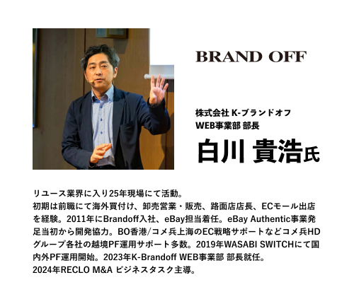 リユース業界に入り25年現場にて活動。 初期は前職にて海外買付け、卸売営業・販売、路面店店長、ECモール出店を経験。2011年にBrandoff入社、eBay担当着任。eBay Authentic事業発足当初から開発協力。BO香港/コメ兵上海のEC戦略サポートなどコメ兵HDグループ各社の越境PF運用サポート多数。2019年WASABI SWITCHにて国内外PF運用開始。2023年K-Brandoff WEB事業部 部長就任。 2024年RECLO M&A ビジネスタスク主導。
